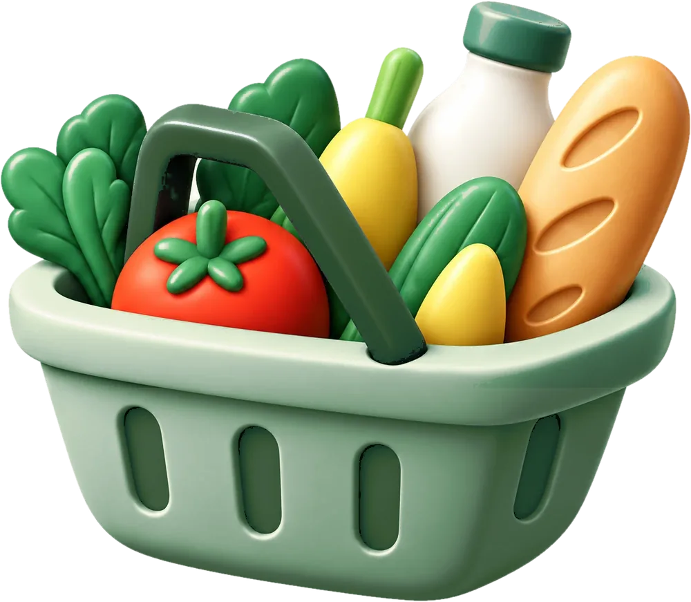 Ilustración de una canasta de compras con frutas y verduras en estilo de arcilla suave